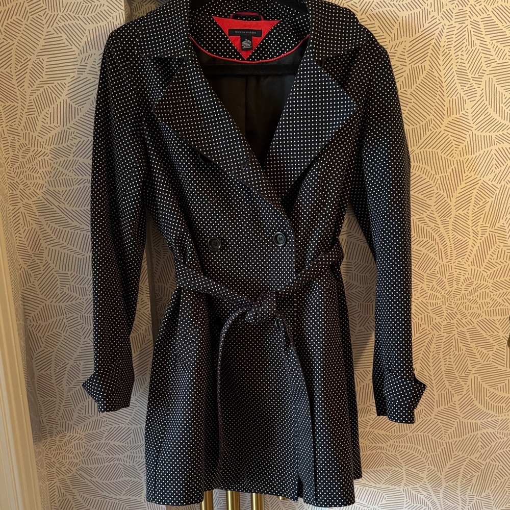 Tommy Hilfiger Black and White Polka Dot Short Trench Coat